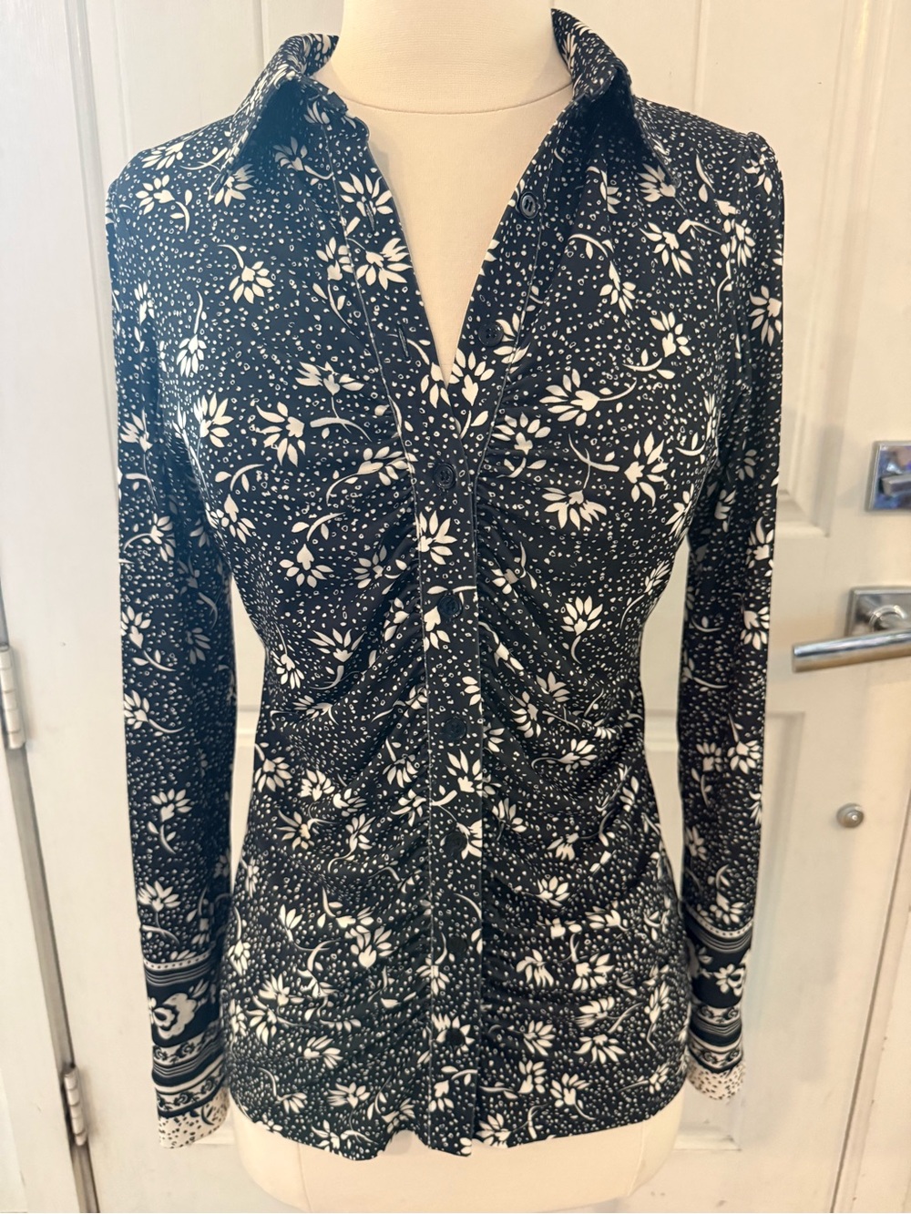 Hale Bob Los Angeles Top XS Black Cream Floral Ruched Stretch Going Out 2010s